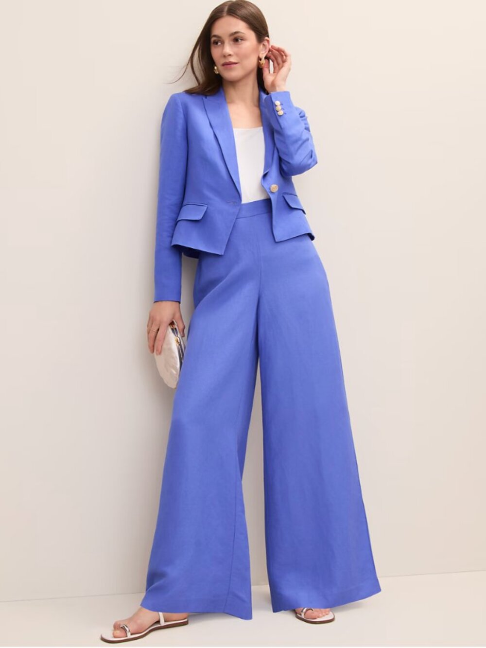 Ann Taylor Cobalt Blue 3-Piece Suit Set | Blazer + Wide Leg Pants + White Shirt